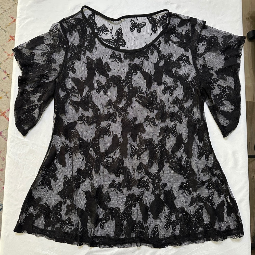 Butterfly Lace Mesh Top Women 3XL Black Sheer Fairycore Whimsigoth Romantic Goth